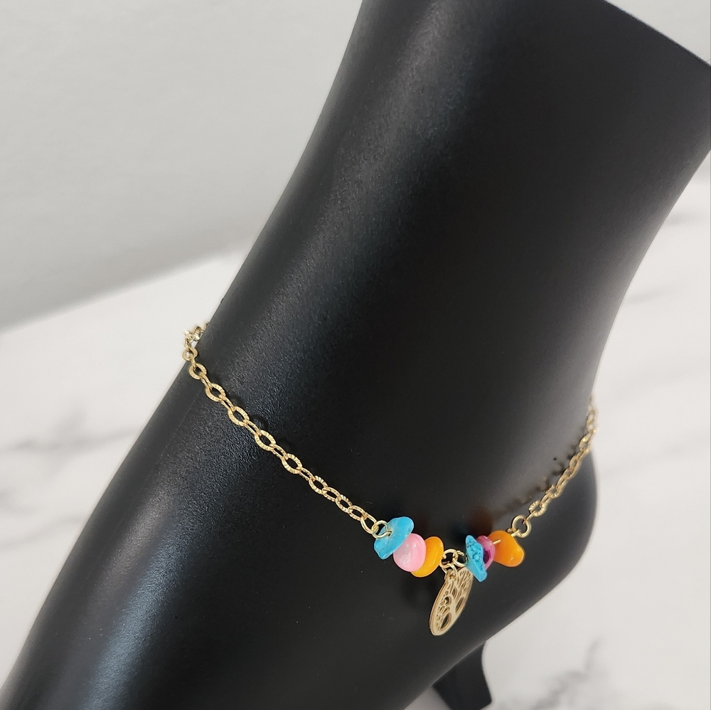 Gold Tree of Life Anklet Multicolor Beaded Ankle Bracelet 18K Summer Jewelry - Picture 6 of 13